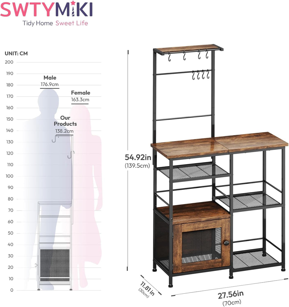 SWTYMIKI Bakers Rack with Storage - Coffee Bar Cabinet Organizer with 8 Hooks...