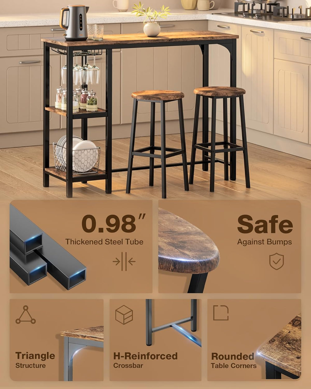 Qsun 3-Piece Bar Table Set for 2 | Bar Height Table with Stools & 2 Stora...