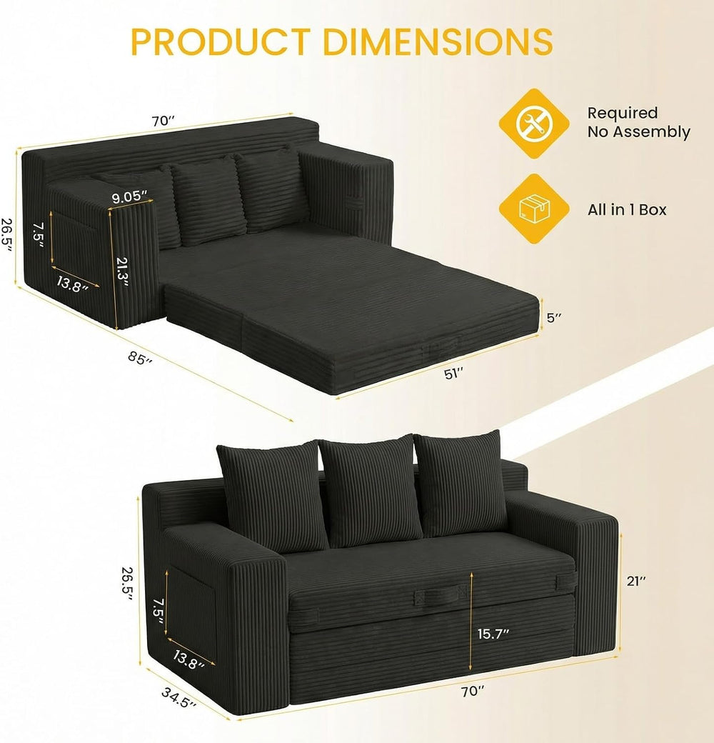 Boneless Couch,3 Seater Boneless Couch Bed – 3-in-1 Convertible Sleeper Sofa ...