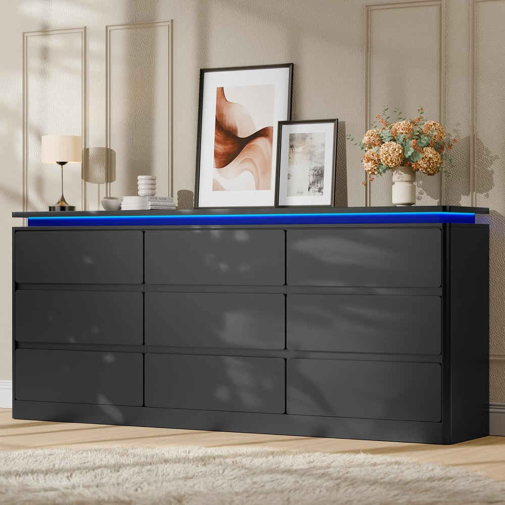 9 Drawer Dresser for Bedroom,62.99" Long Black Chest of Drawers w/LED Light