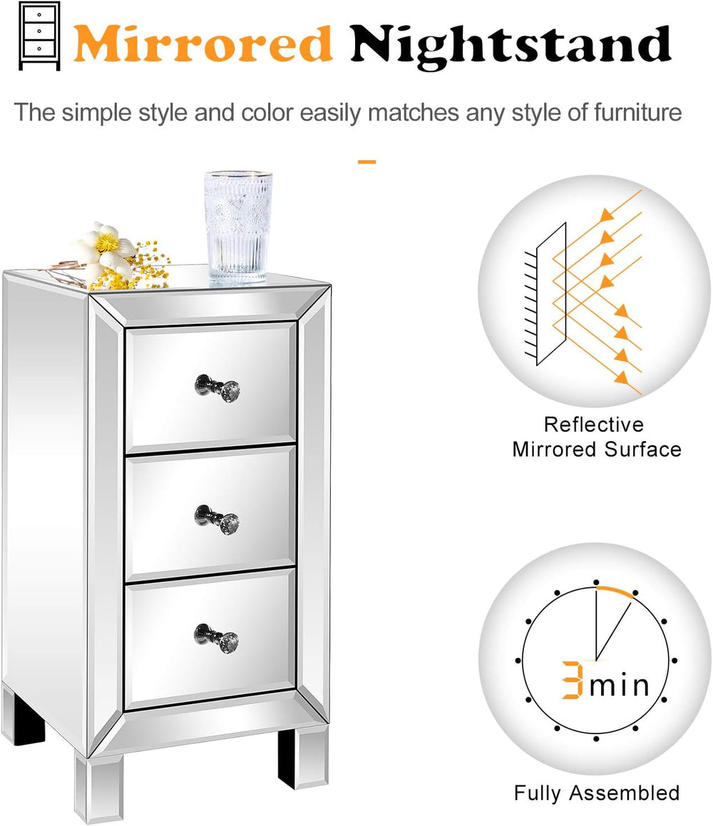 Bonnlo 3-Drawer Mirrored Nightstand End Table Bedside Table for Bedroom, Livi...