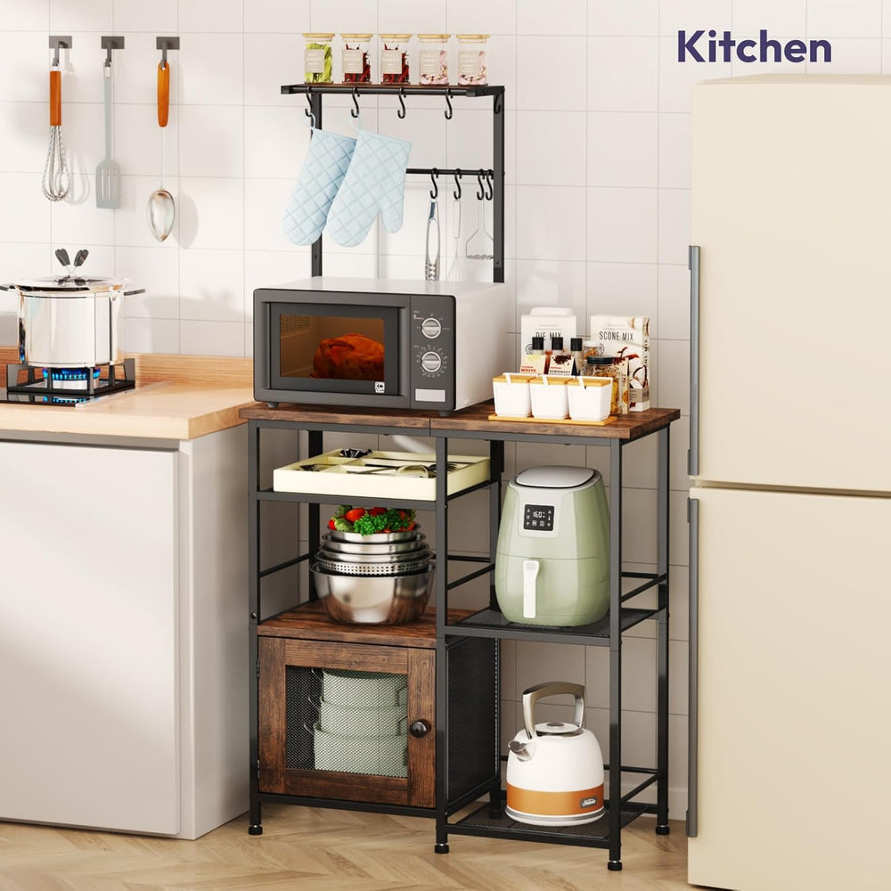 SWTYMIKI Bakers Rack with Storage - Coffee Bar Cabinet Organizer with 8 Hooks...