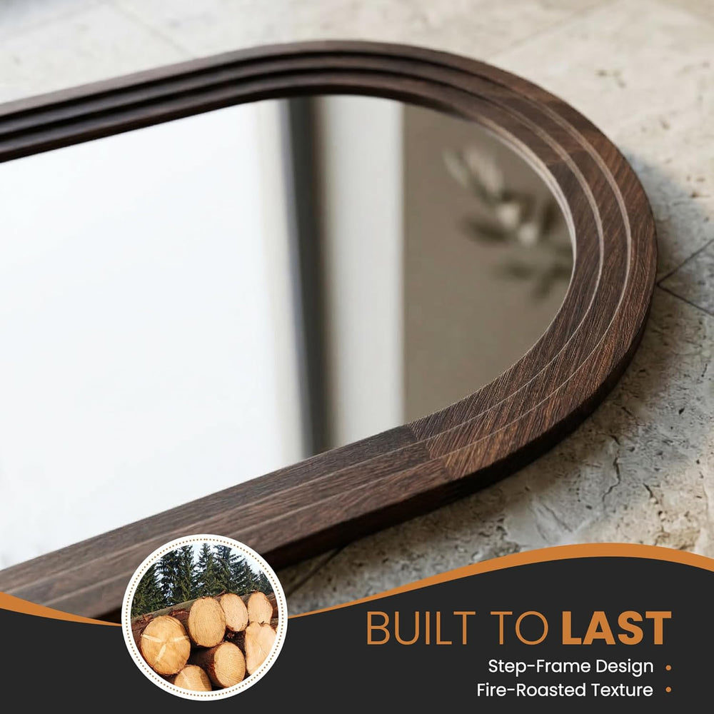 Arched Bathroom Mirror, 36"x24" Brown Wood Frame Wall Mirror