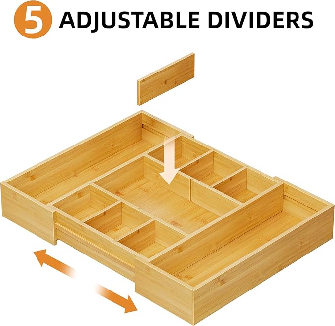 Marbrasse Bamboo Expandable Drawer Organizer, Desk Drawer Organizer Tray - Image 3