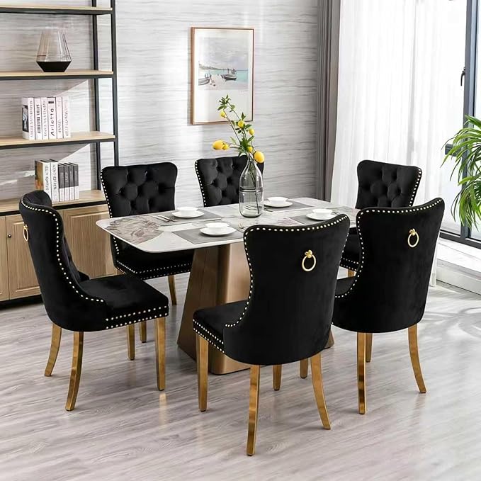 Mid Century Modern Dining Chairs Set of 6, Black Velvet Upholstered Tufted Ba...