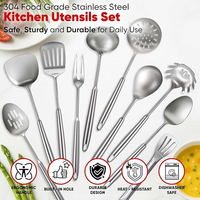 Newness 10 Pcs Cooking Utensils Set, 304 Stainless Steel Kitchen Utensils Set - Image 3