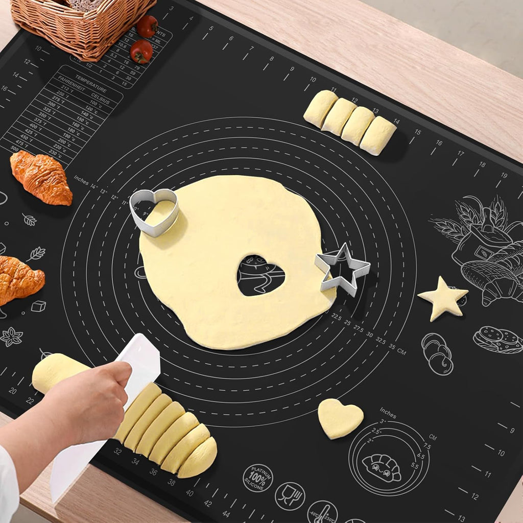Silicone Baking Mat 32" x 24" Extra Thickness Dough Rolling Mat with Measurements and Edge Heightening, Non-stick Food Grade Silicone Pastry Mat for Pastry, Bread, Cookies, Pizza, Fondant, Pasta-Black