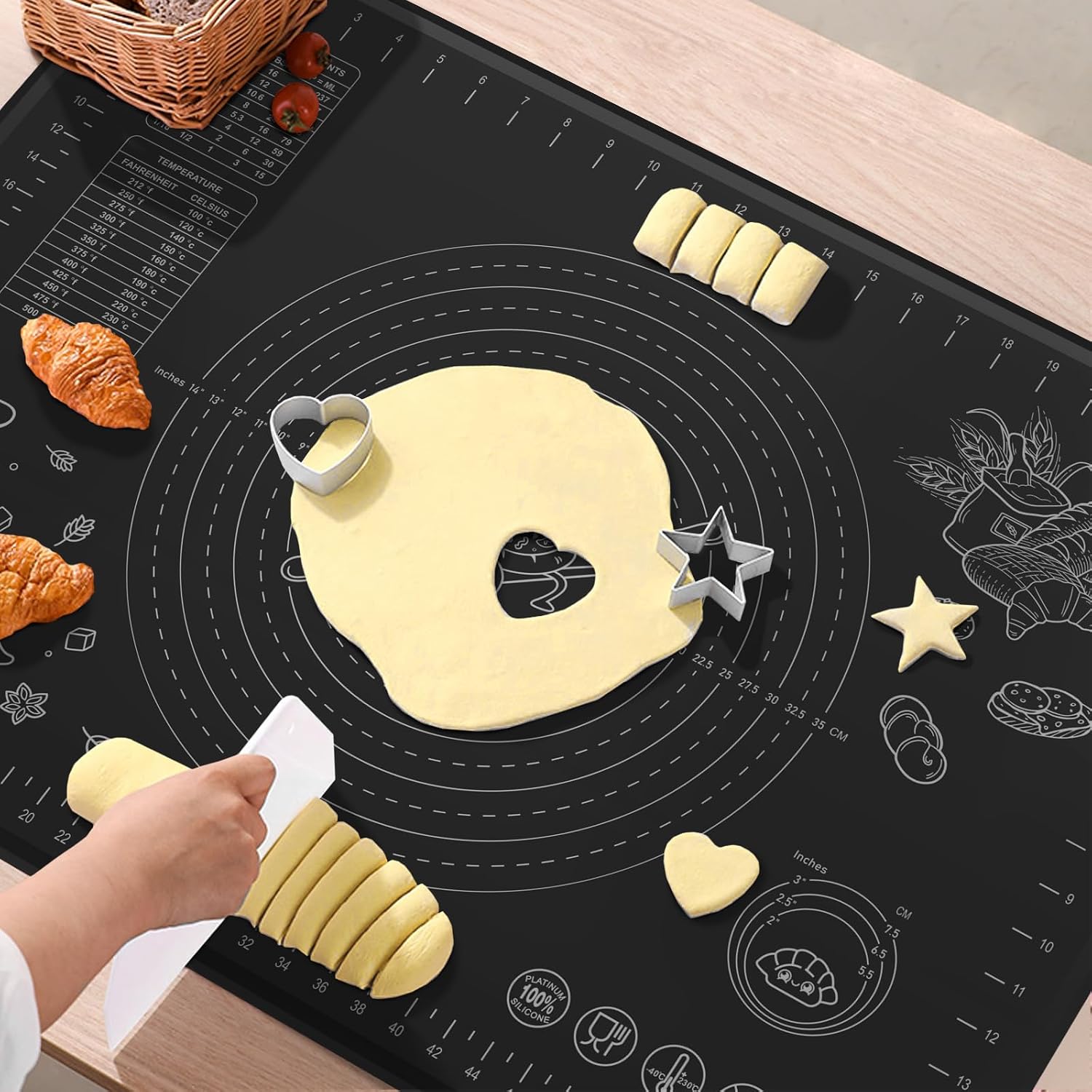 Silicone Baking Mat 32" x 24" Extra Thickness Dough Rolling Mat with Measurements and Edge Heightening, Non-stick Food Grade Silicone Pastry Mat for Pastry, Bread, Cookies, Pizza, Fondant, Pasta-Black
