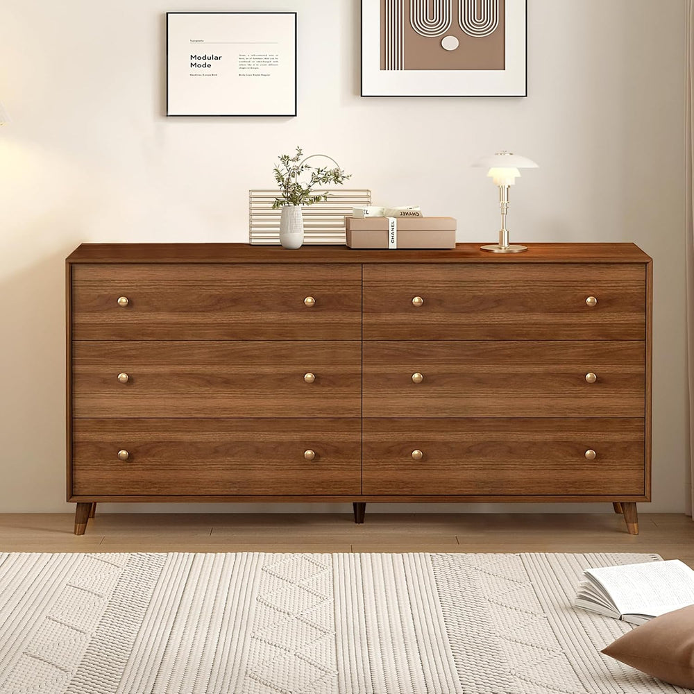 Mid Century Modern 6-Drawer Dresser, 55 Inch Solid Wood Frame Chest, Walnut