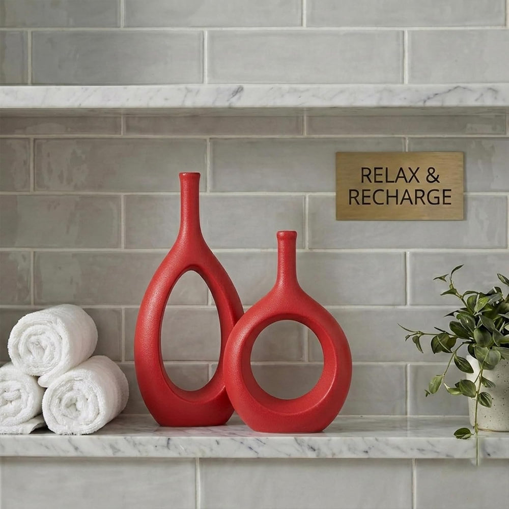 Red Ceramic Hollow Elliptical Vase Set of 2 - Boho Circle Vase with Hole, for...