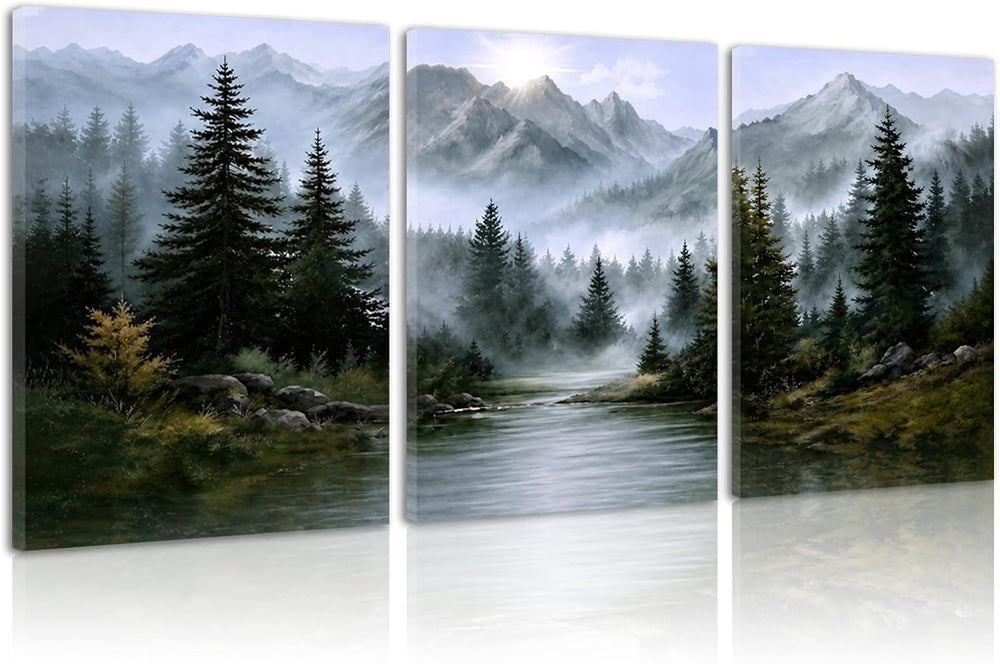 Mountain Wall Art Set of 3, foggy mountain Forest Nature Landscape Canvas