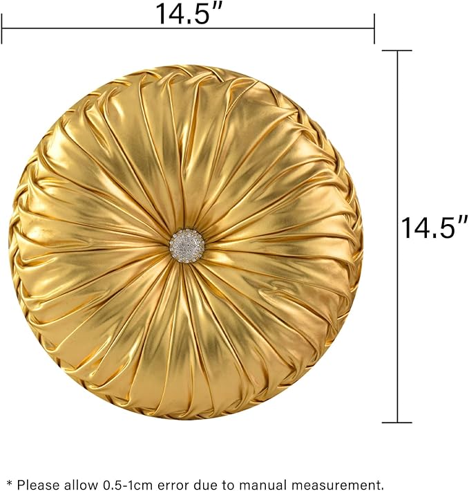 HIG Set of 2 Handcrafted Gold Ruched Round Throw Pillows – 14.5’’ Metallic - Image 5