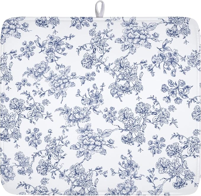 Blue Floral Dish Drying Mat for Kitchen Counter Chinoiserie Flower Microfiber by Unknown
