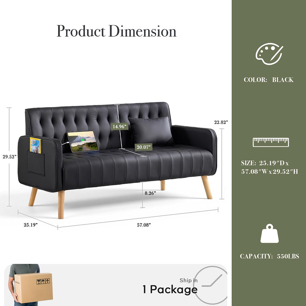 57” Faux Leather Loveseat Sofa, Small Tufted Couch (1, Black)