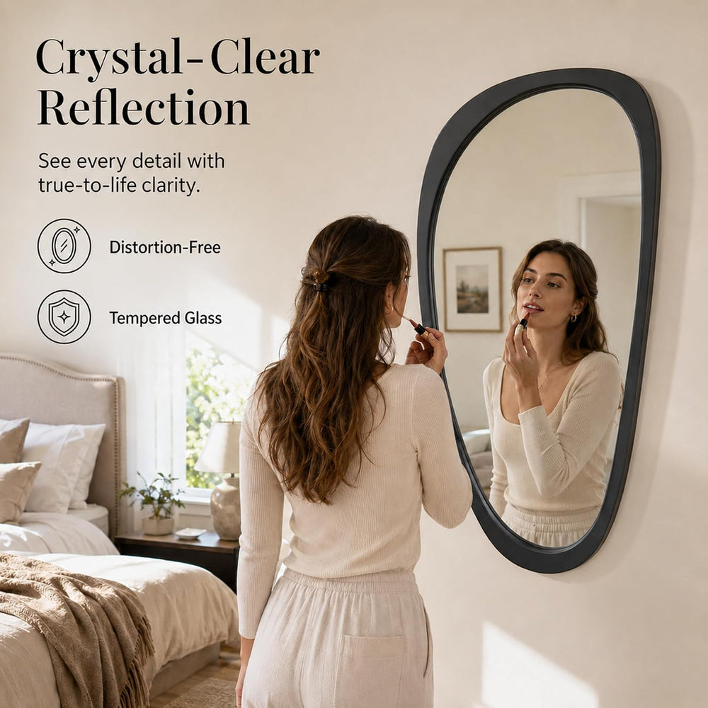 48x24 Inch Matte Black Large Irregular Solid Wood Wall Mirror