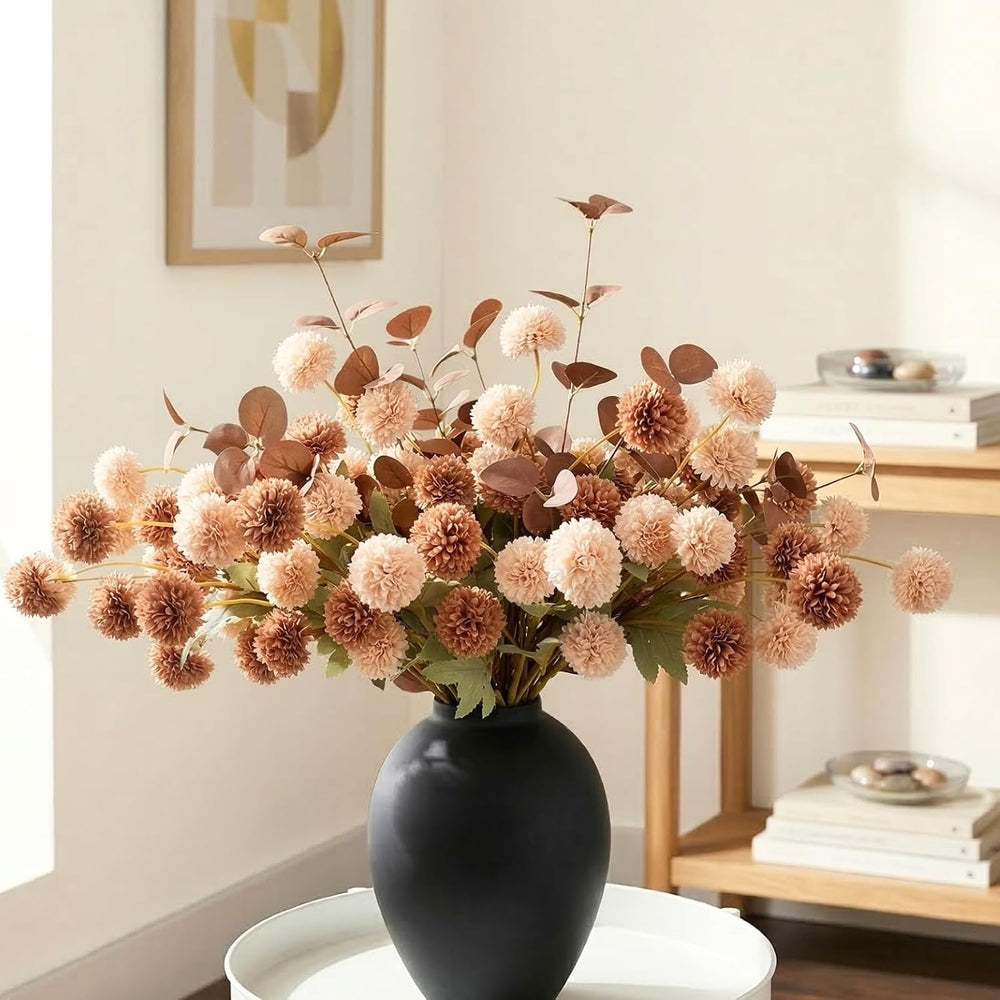22pcs Artificial Beige & Brown Kiku Flowers with Eucalyptus Stems Bulk, F...