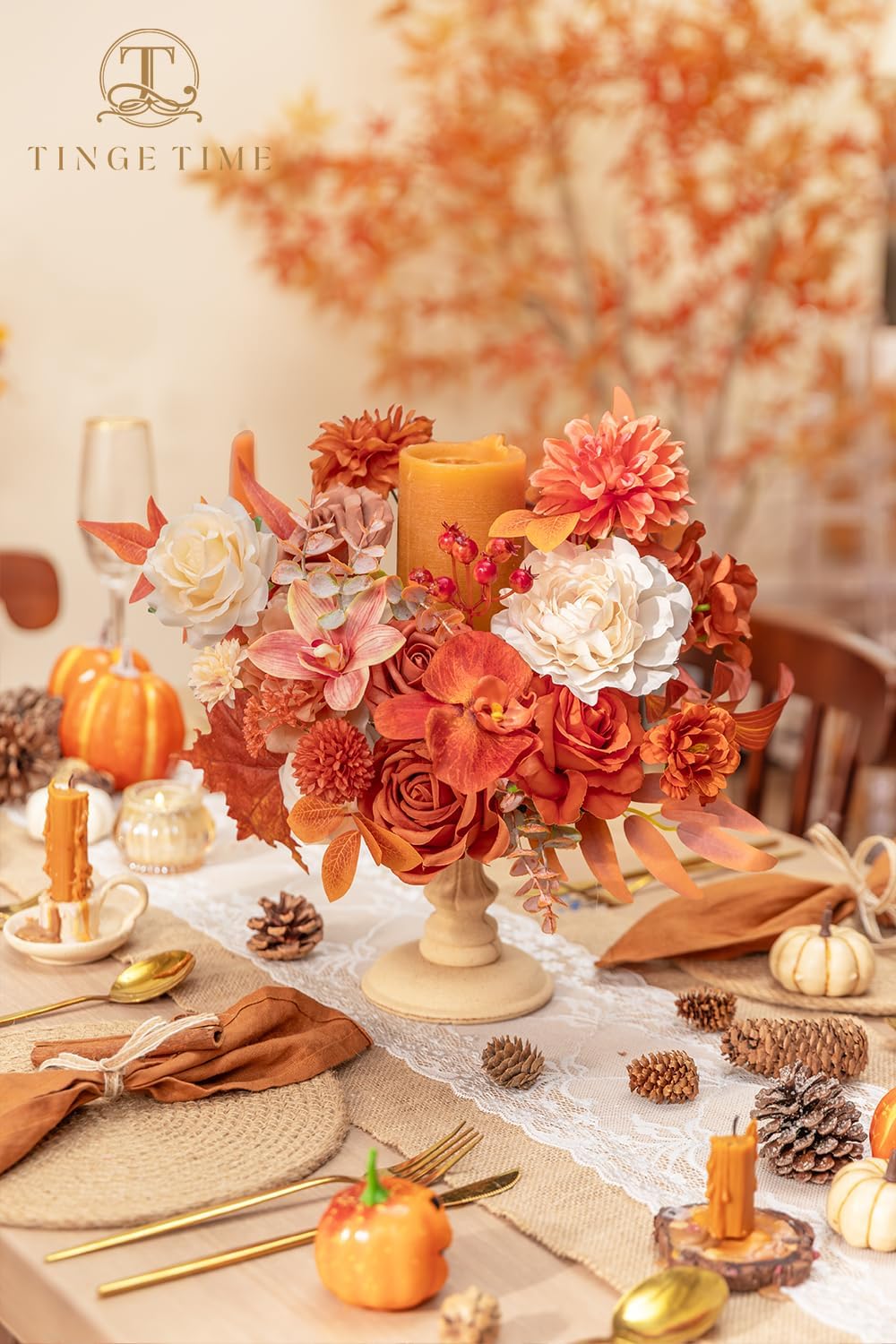 TINGE TIME Fall Wedding Artificial Flowers Combo, Orange & Cream Roses