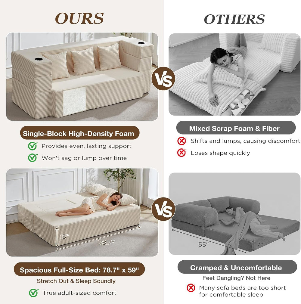 Folding Sofa Bed, 78.7”Full-Length Floor Sleeper Couch, Full Size Folding Sof...