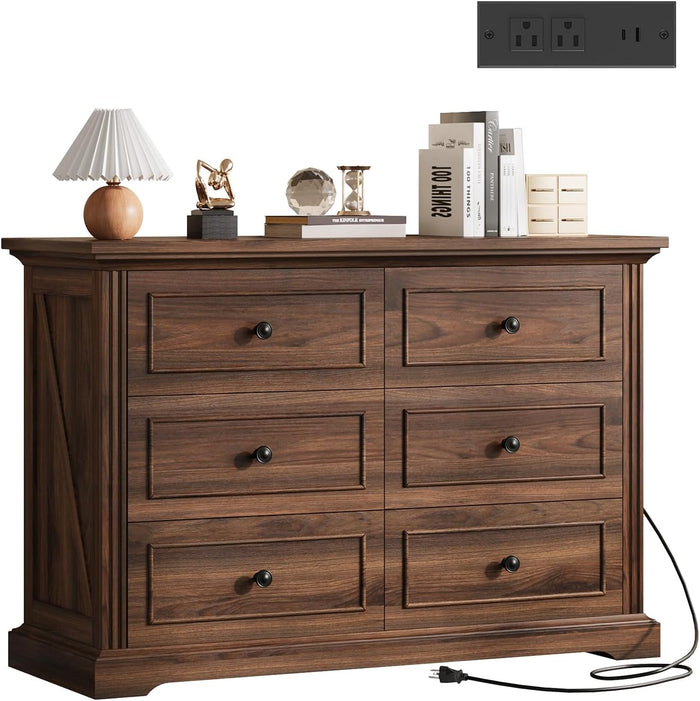 Farmhouse 6 Drawer Dresser for Bedroom, 47" Wide Wood Chest of Drawers with Charging Station, Metal Handle, Modern Closet Clothes Storage Organizer for Living Room, Hallway, Entryway, Dark Walnut