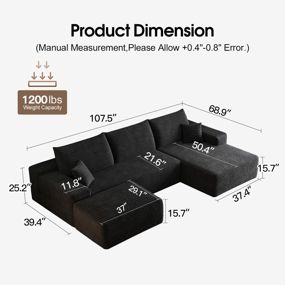 107.5" Comfy U-Shaped Sectional Modern Boneless Corduroy Couch with Chai...