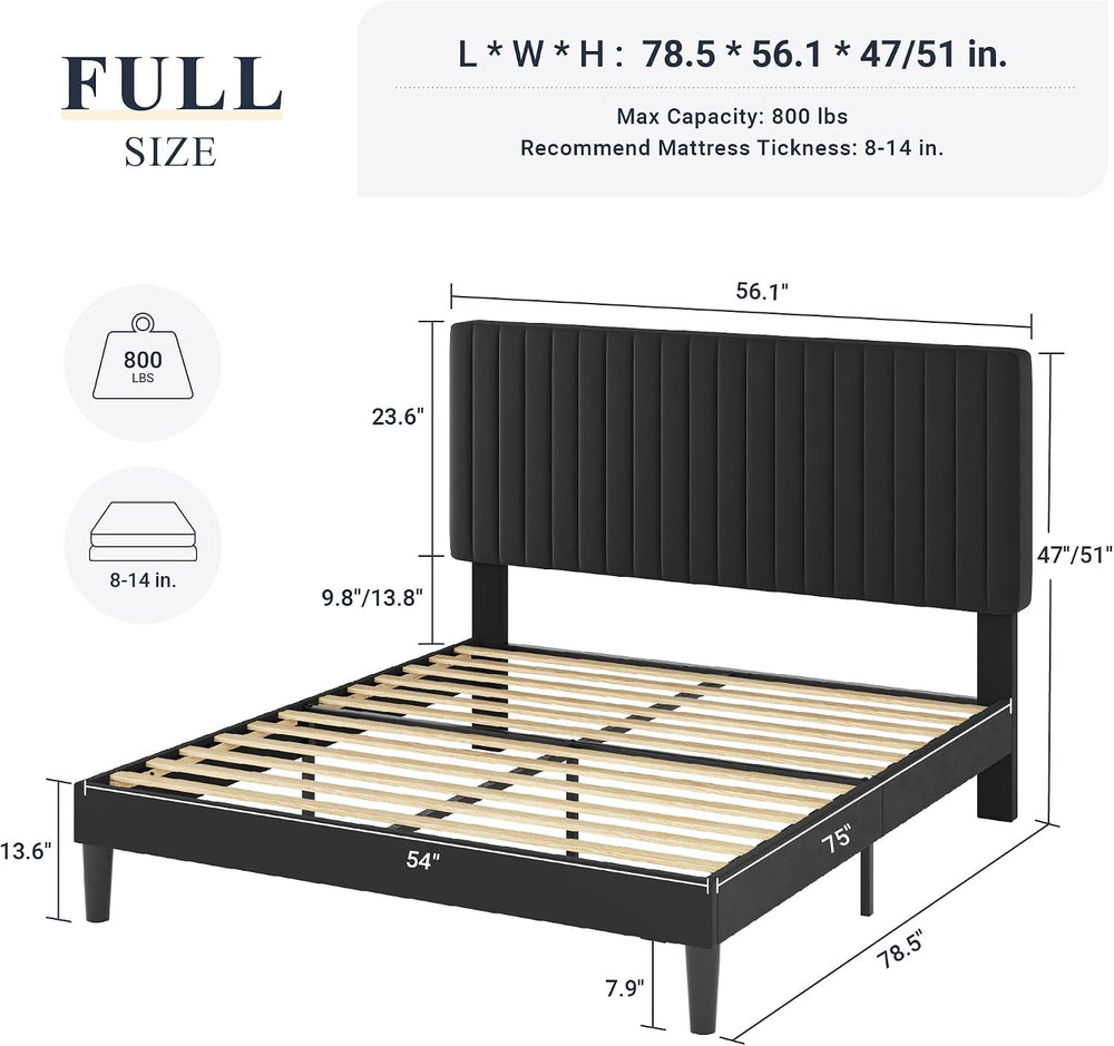 Allewie Full Bed Frame, Velvet Upholstered Platform Bed with Vertical Channel...