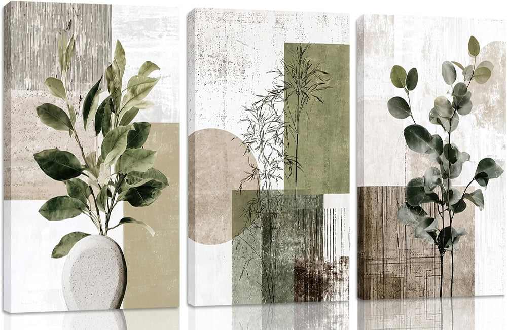 Boho Abstract Eucalyptus leaves Canvas Wrapped Wall Art Set of 3 16x12in