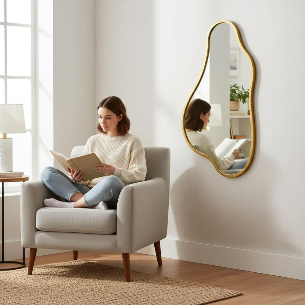 32x18 Inch Irregular Wall Mirror, Vertical Wavy Design, Gold Asymmetrical Met...