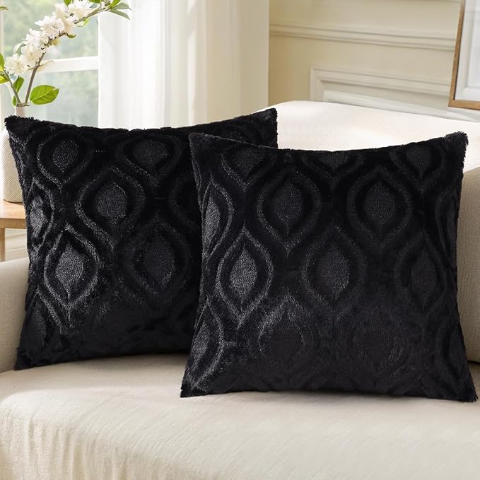 decorUhome Throw Pillow Covers 18x18 Inch Set of 2, Soft Plush Faux Wool Black by decorUhome