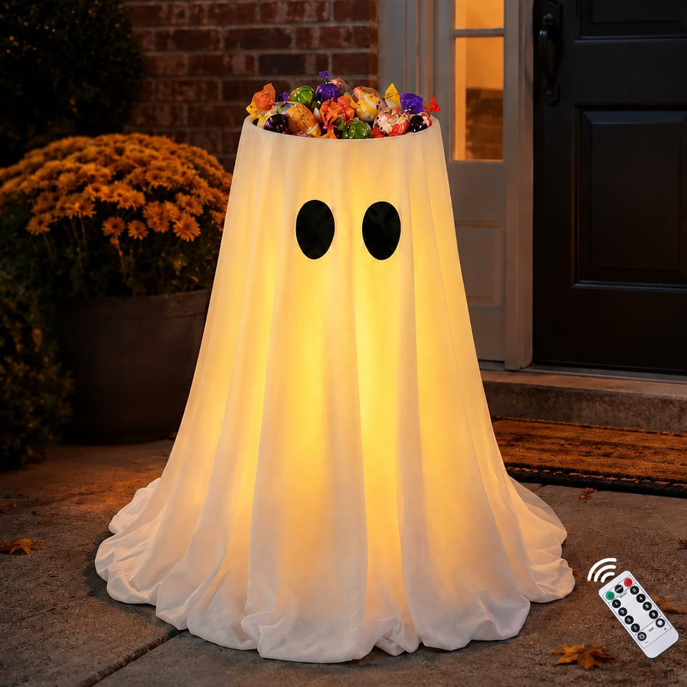 Lighted Halloween Ghost Candy Bowl,Halloween Ghost Decor with Remote