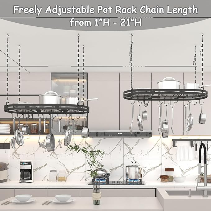 33” Hanging Pot Rack Ceiling Mount, Oval Pots and Pans Hanging Rack, Ceiling