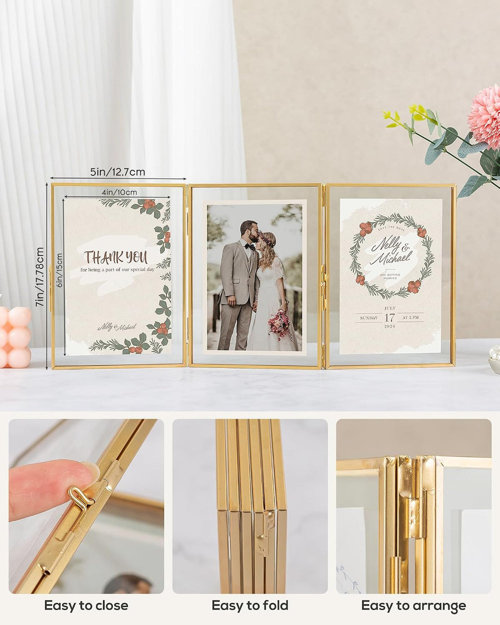 Gold Floating Frames, Vintage 5x7 Triple Folding Picture Frame, Hinged Glass ...