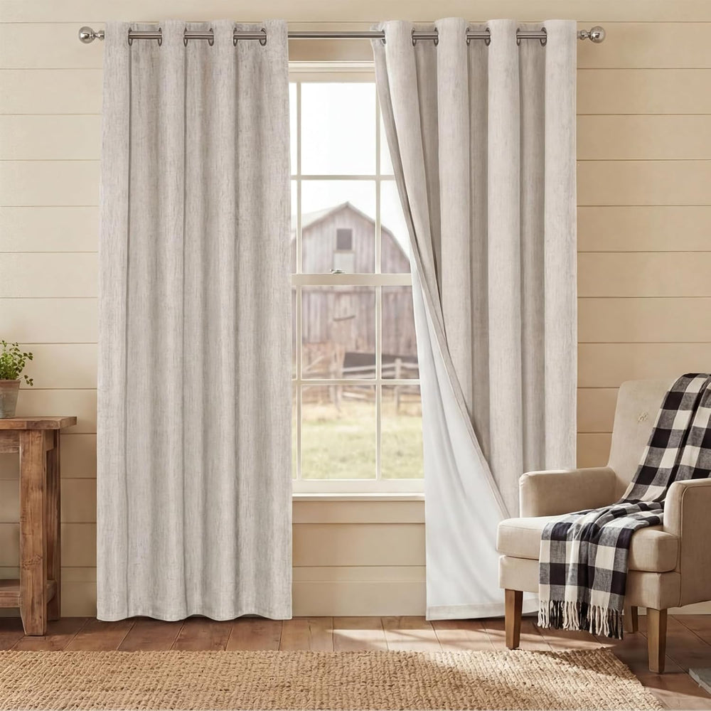 PrinceDeco Natural Linen Curtains 100% Blackout Linen Curtains for Bedroom Fu...