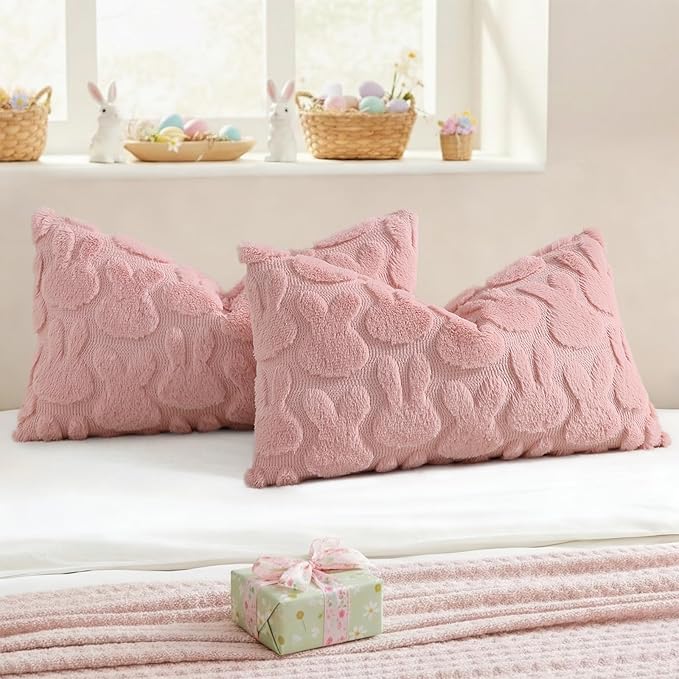decorUhome Easter Bunny Pillow Covers 12x20 Inch Set of 2, Soft Plush Faux Wool - Image 4