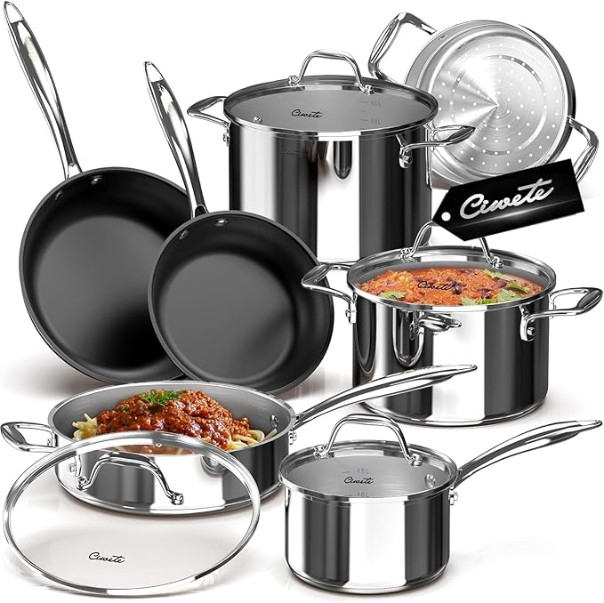 Ciwete 11-Piece Stainless Steel Pots and Pans Set Non Stick, Tri-Ply Stainless by Ciwete