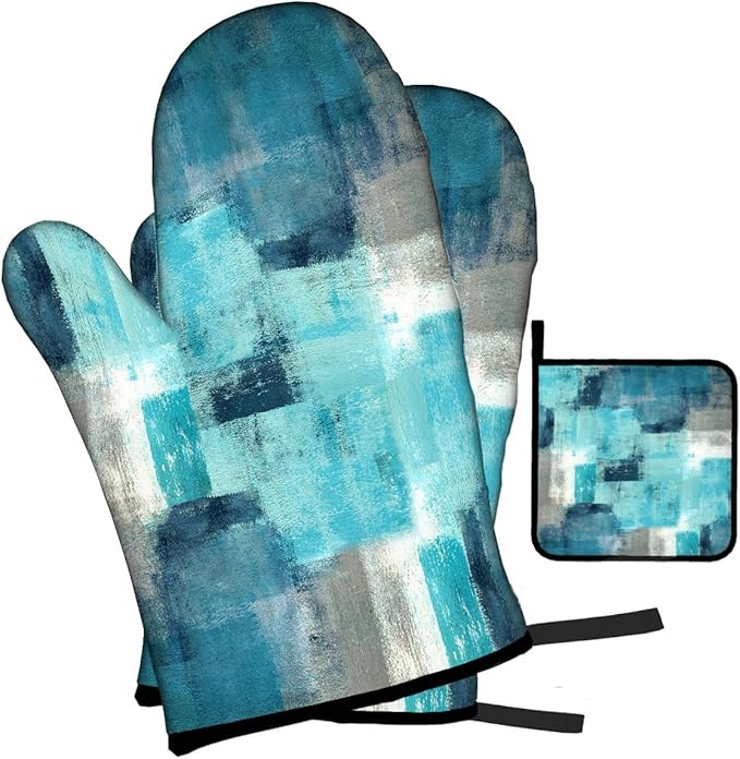 LOKMU Oven Mitts and Pot Holders Set of 3, Teal and Grey White Abstract Art - Image 2