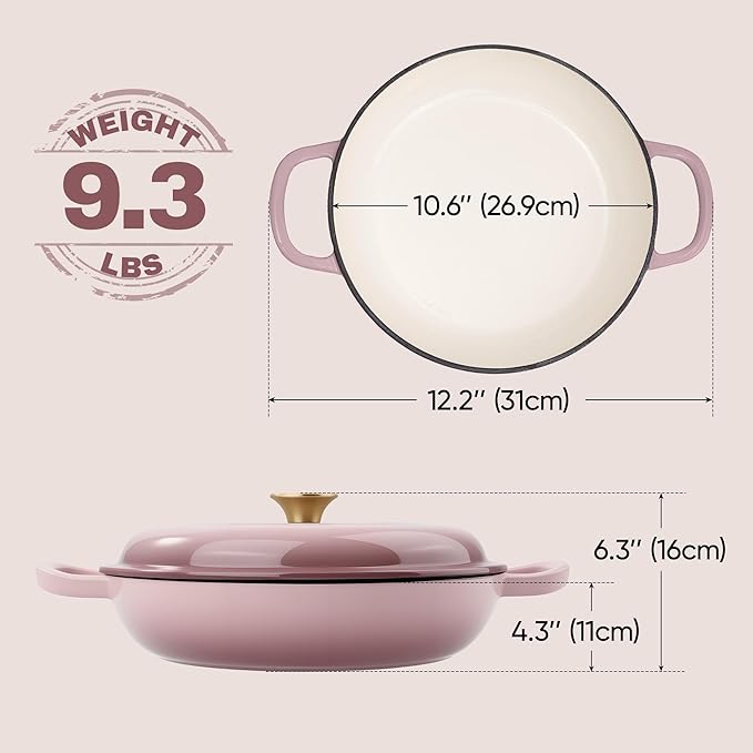 3 Quart Enameled Cast Iron Braiser, Non Stick Enameled Cast Iron Skillet - Image 4