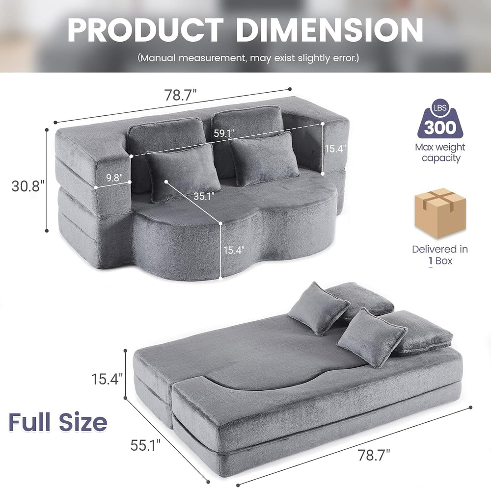 78” Convertible Sofa Bed, Full Size Sleeper Couch, Grey