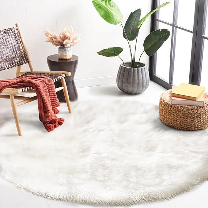 Latepis White Round Rugs 6ft Faux Fur Sheepskin Circle Rug - Image 2