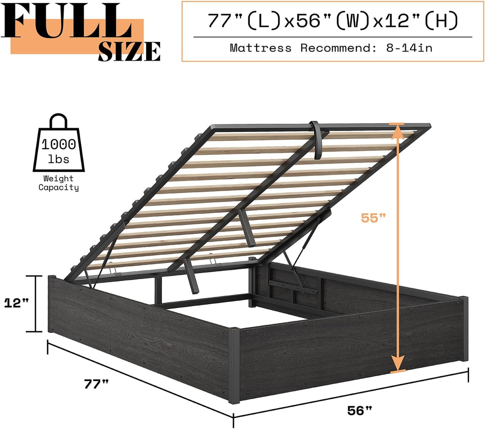 AMERLIFE Full Lift Up Storage Bed Frame, Dark Oak