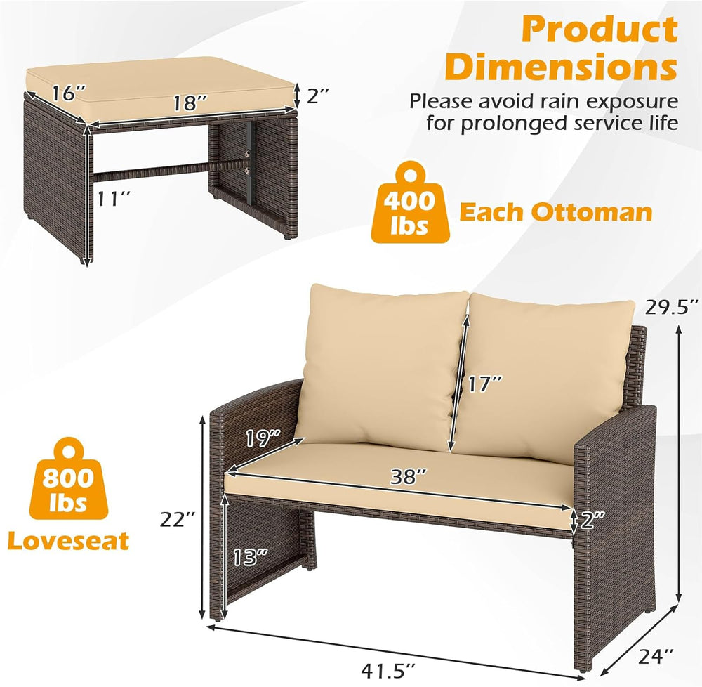 Tangkula Outdoor Loveseat with 2 Ottomans, 3 Pieces Patio PE Wicker Furniture...