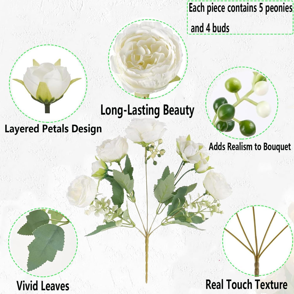 Peonies Artificial Flowers 12 Bouquets,White Flowers Lifelike Silk Fake Peoni...