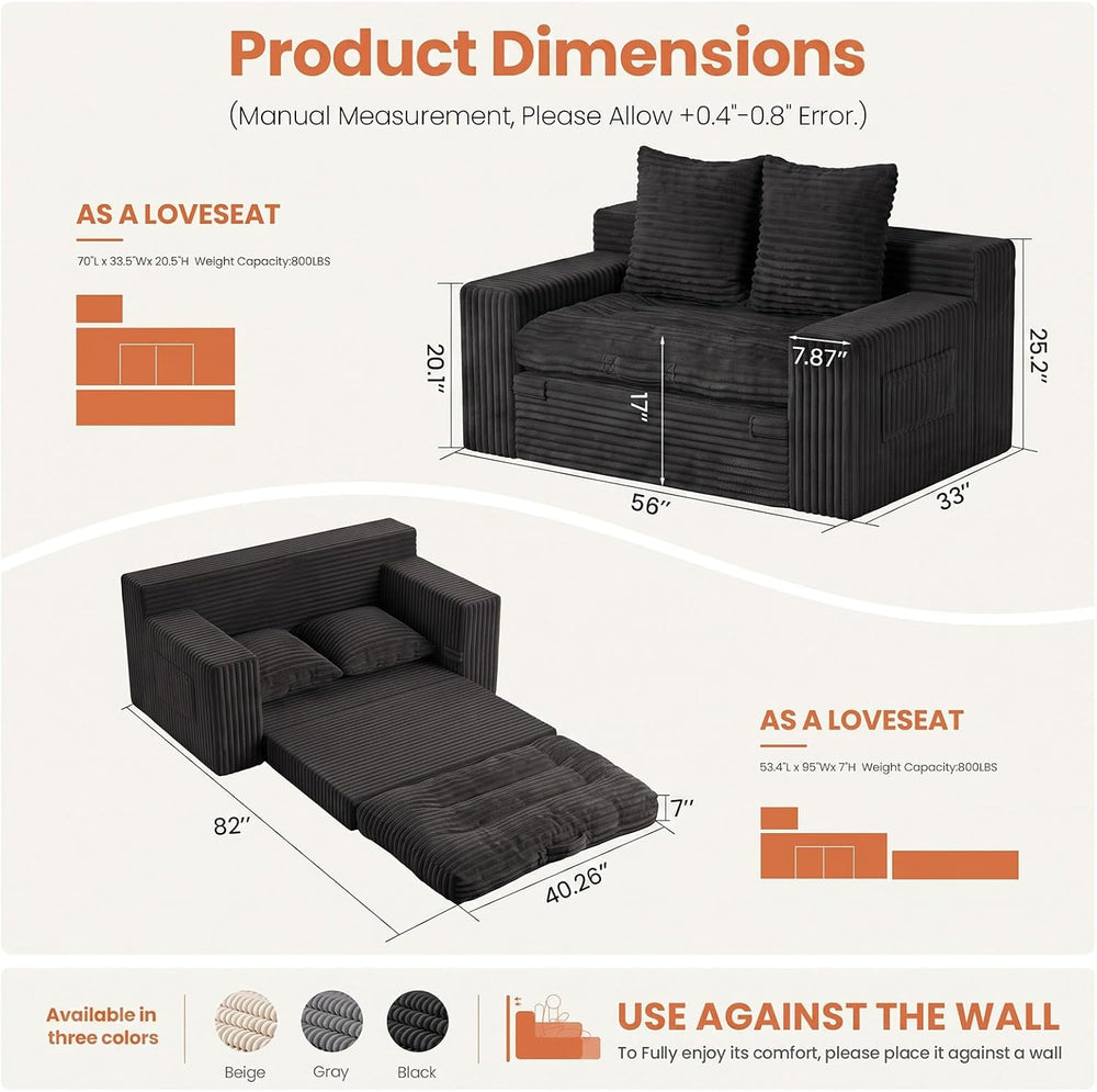 56'' Convertible Boneless Couch, Trifold Sofa Bed/Futon Sleeper with ...