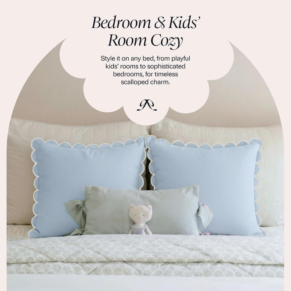 BEBE BASK Scalloped Pillow Cover Set of 2, 18x18, Cotton - Sky Blue/White