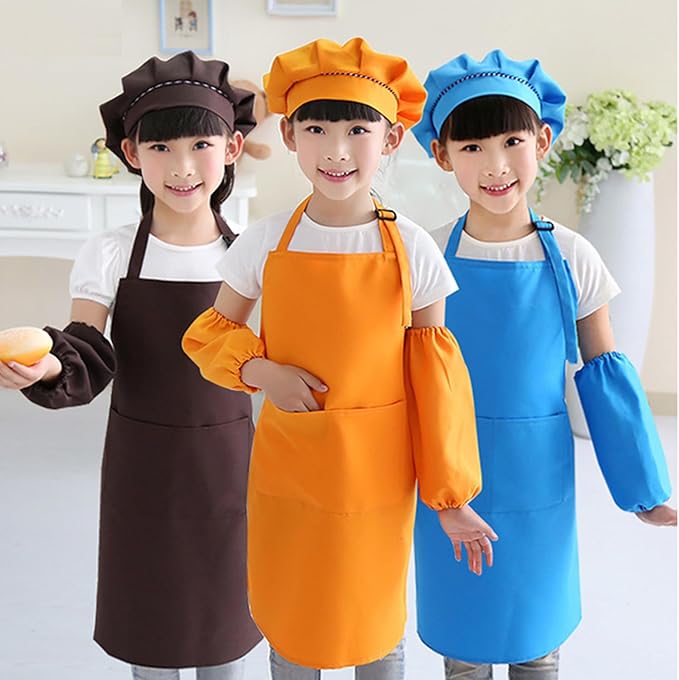 Kids Apron Set Chef Hat Sleeve Outfit Costume Toddler Girl Boy Aprons Cooking - Image 4