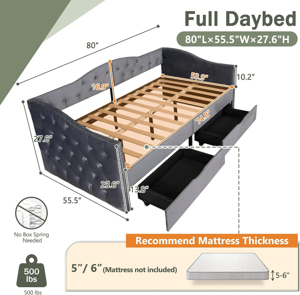 Full Size Daybed with Storage Drawers, Upholstered Daybed