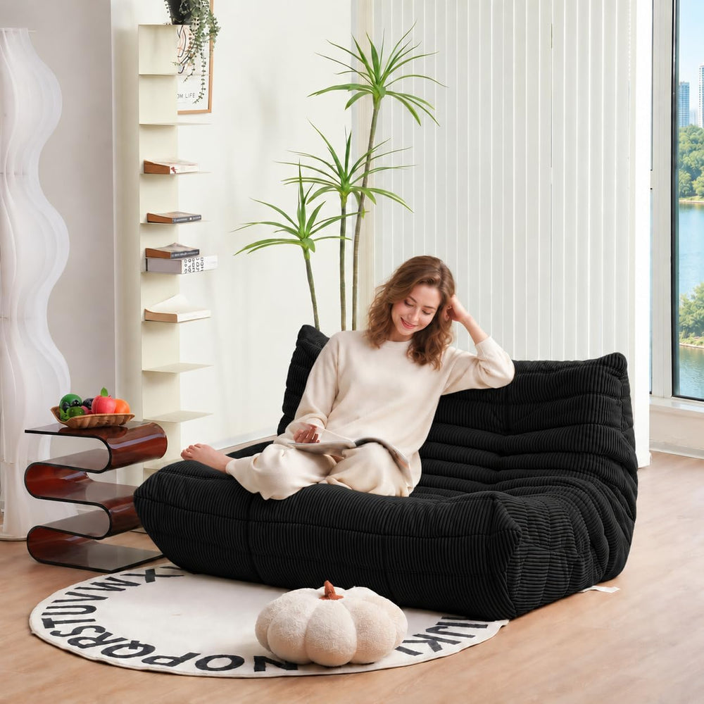 N&V Fireside Loveseat, Corduroy Armless Floor Sofa, 2-Seater, Black