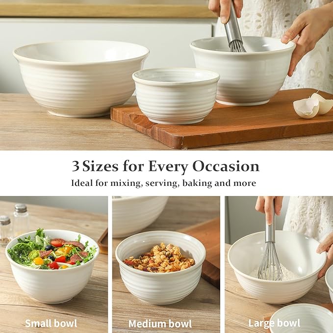 HASENSE Ceramic Mixing Bowls Set, 2.1/1.0/0.5 Qt, Handmade Salad Serving Bowls - Image 3