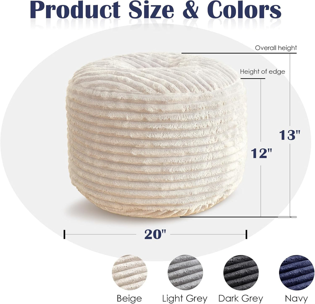 round pouf ottoman,corduroy foot rest,beige,18x14 in shown in use