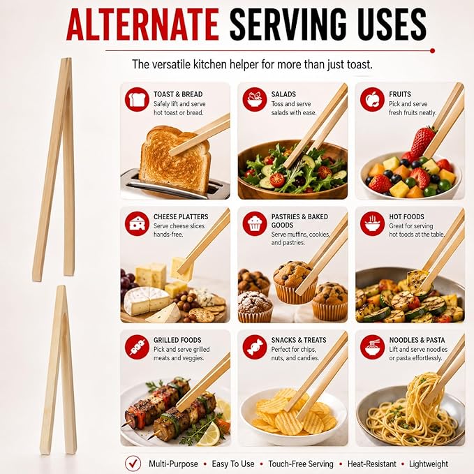 HIC Kitchen Toast Tong Set, Natural Bamboo, 4-Piece Set, Includes 2 Each 6.5 - Image 7