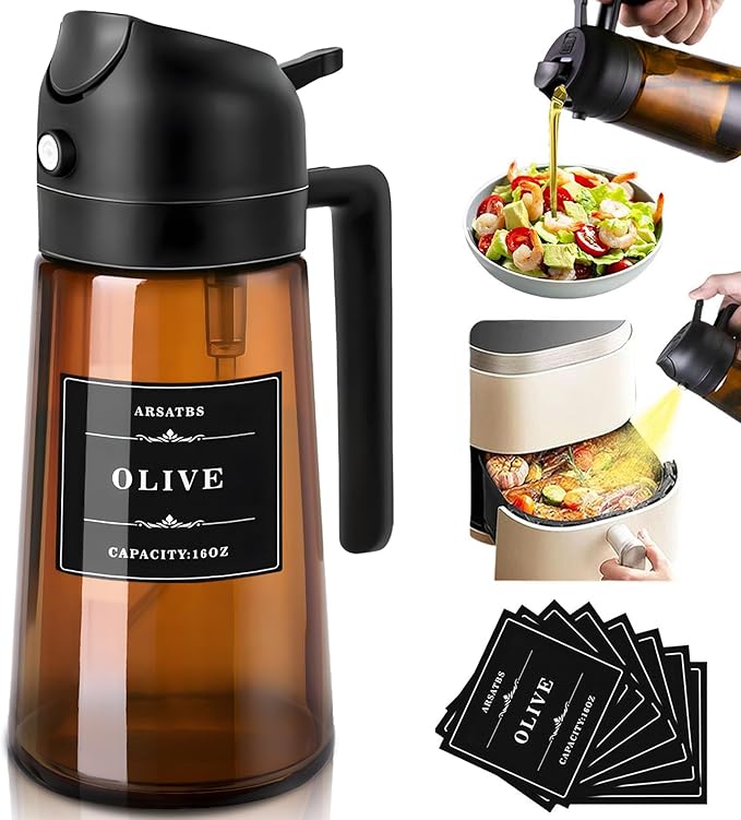 16oz/470ml Olive Oil Sprayer for Cooking, 2 in 1 Oil Dispenser Bottle Spray and by Arsatbs